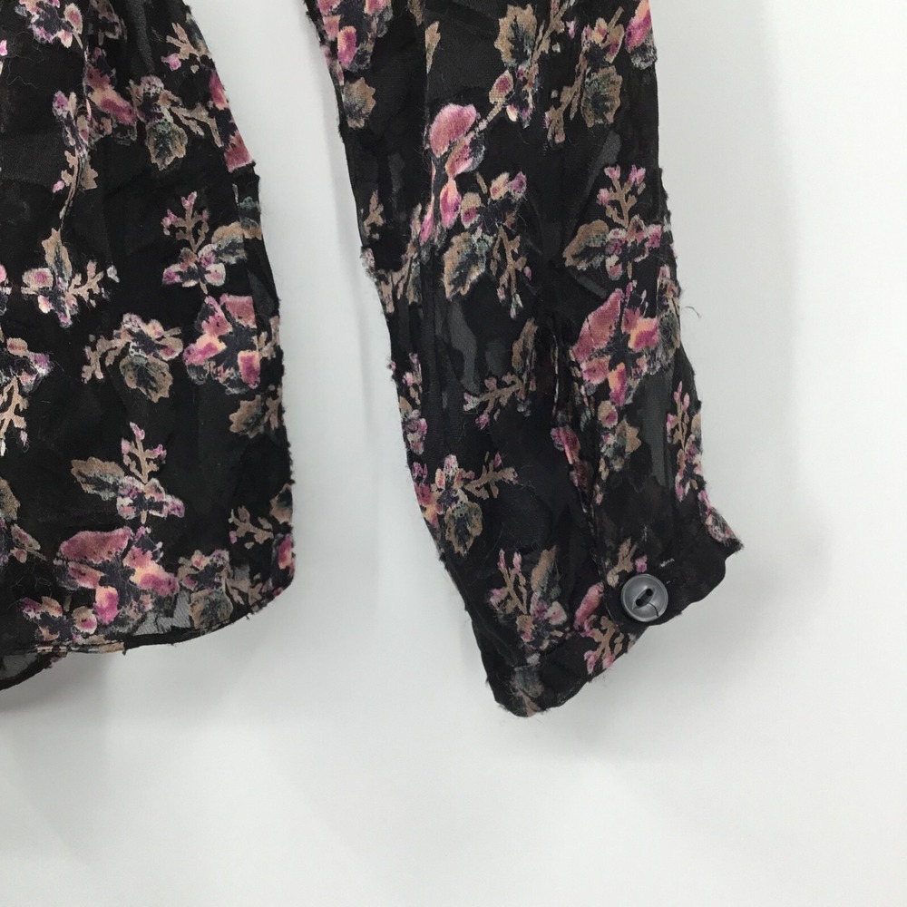 Rebecca Taylor Floral Silk Blend Blouse Womens 4 Black Drawstring Waist - Picture 4 of 8